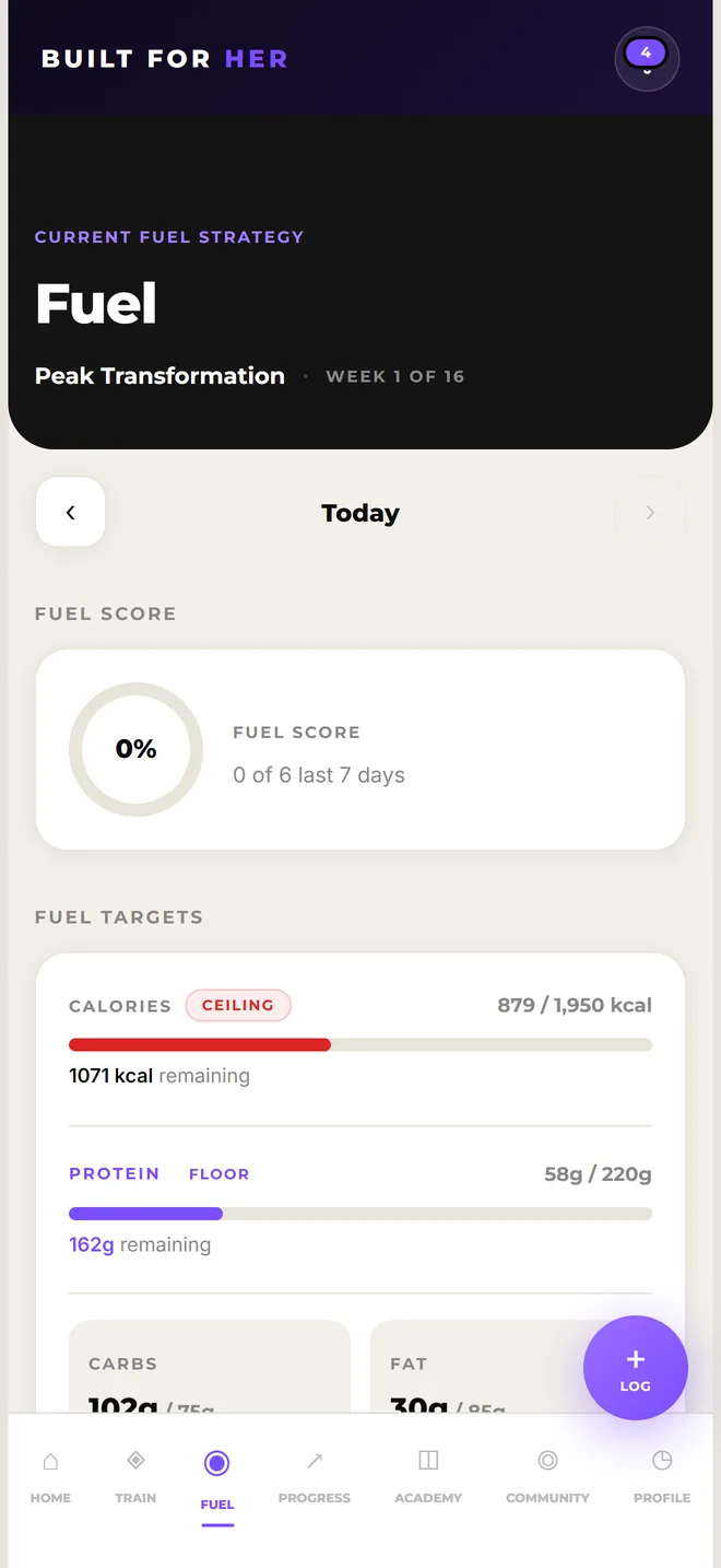 The Fuel screen with calorie, protein, carb, and fat targets for today