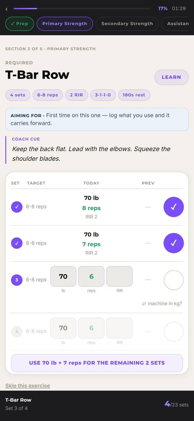 Logging sets of T-Bar Row with targets, a coach cue, and a suggestion for the remaining sets